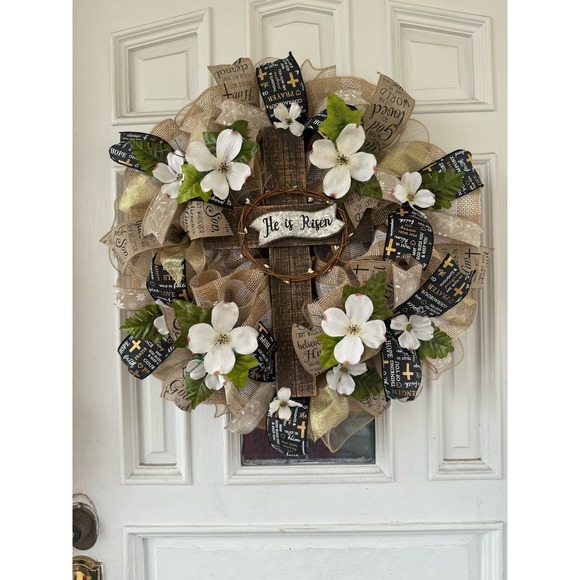 He is Risen Cross Religious Easter Dogwood Flowers Deco Mesh & Ribbon Wreath - Picture 1 of 9